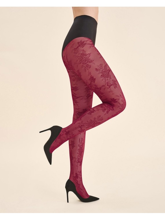 Grossiste Collant Semi Opaque Avec Motif Floral Noir, Rouge Grossiste Collant Semi Opaque Avec Motif Floral Noir, Rouge